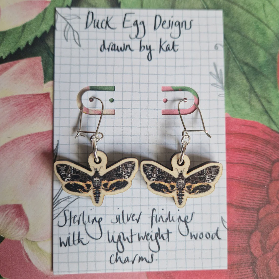 Duck Egg Designs Wooden Drop Earrings - Death Head Moth Earrings - Podarok