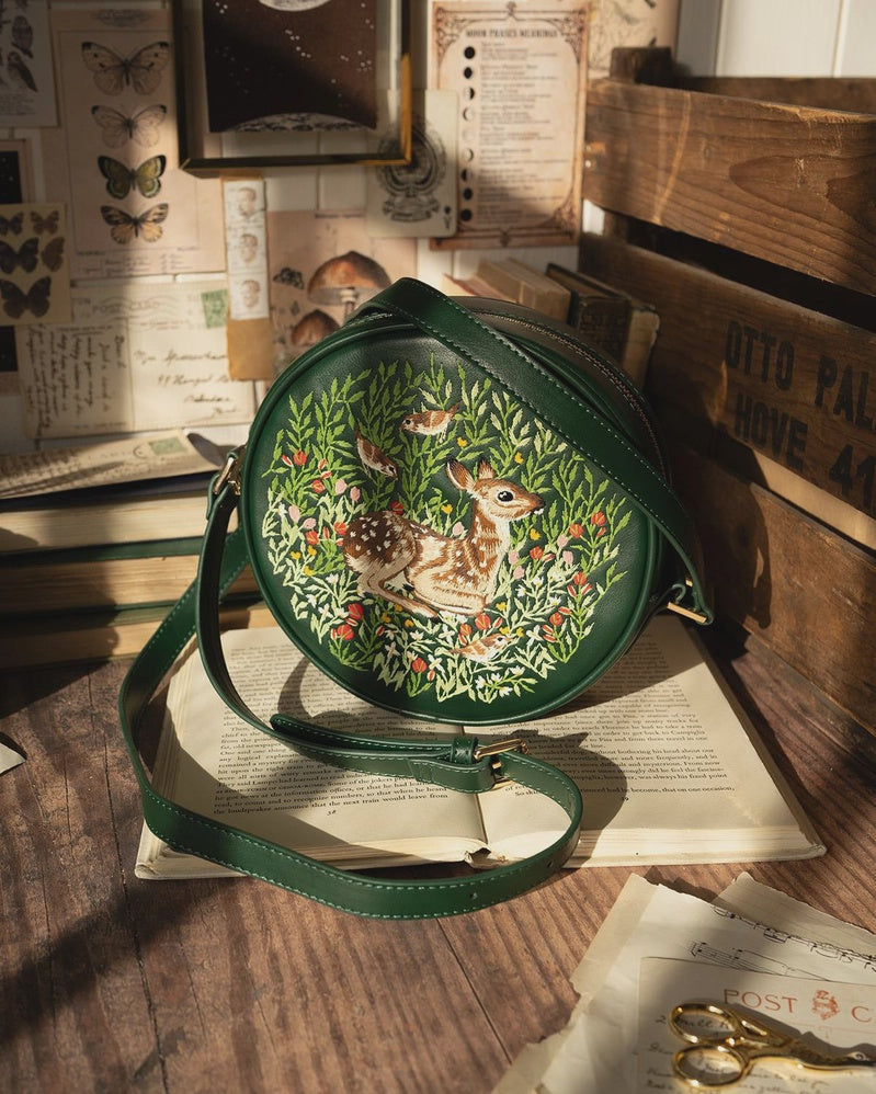 Fawn Embroidered Green Round Saddle Bag