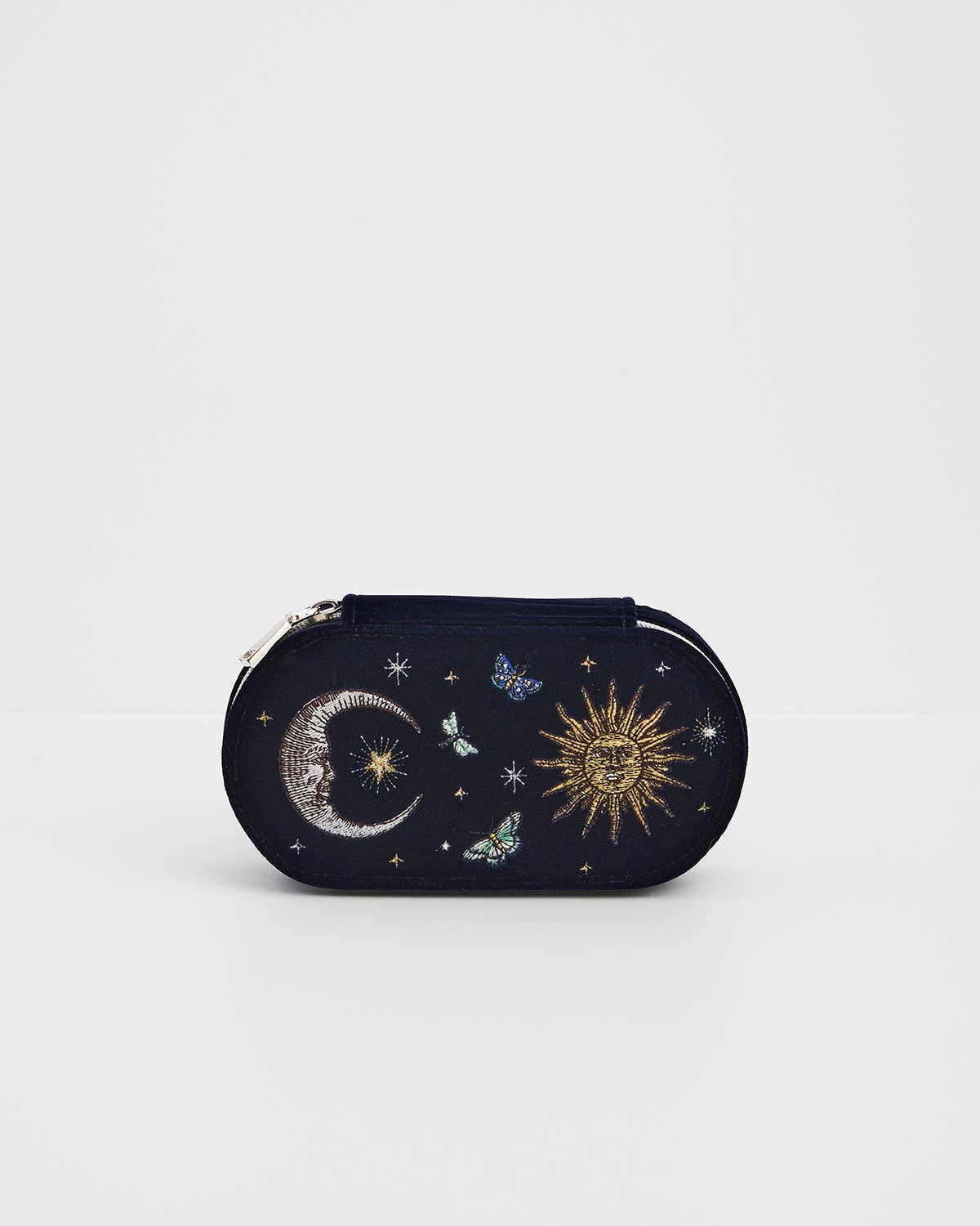 Night Sky Embroidered Oval Jewellery Box in Navy Velvet