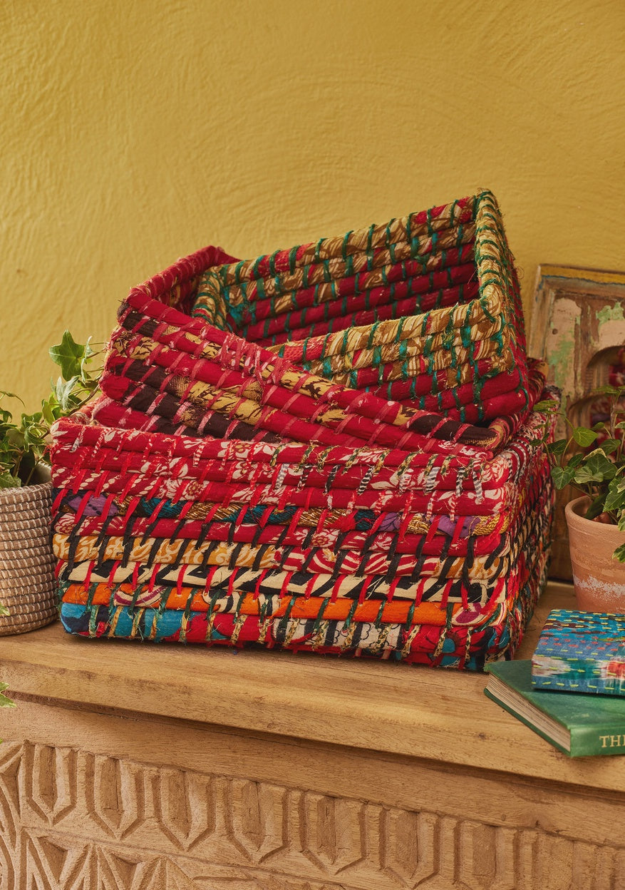 Hand Woven Sari and Seagrass Basket