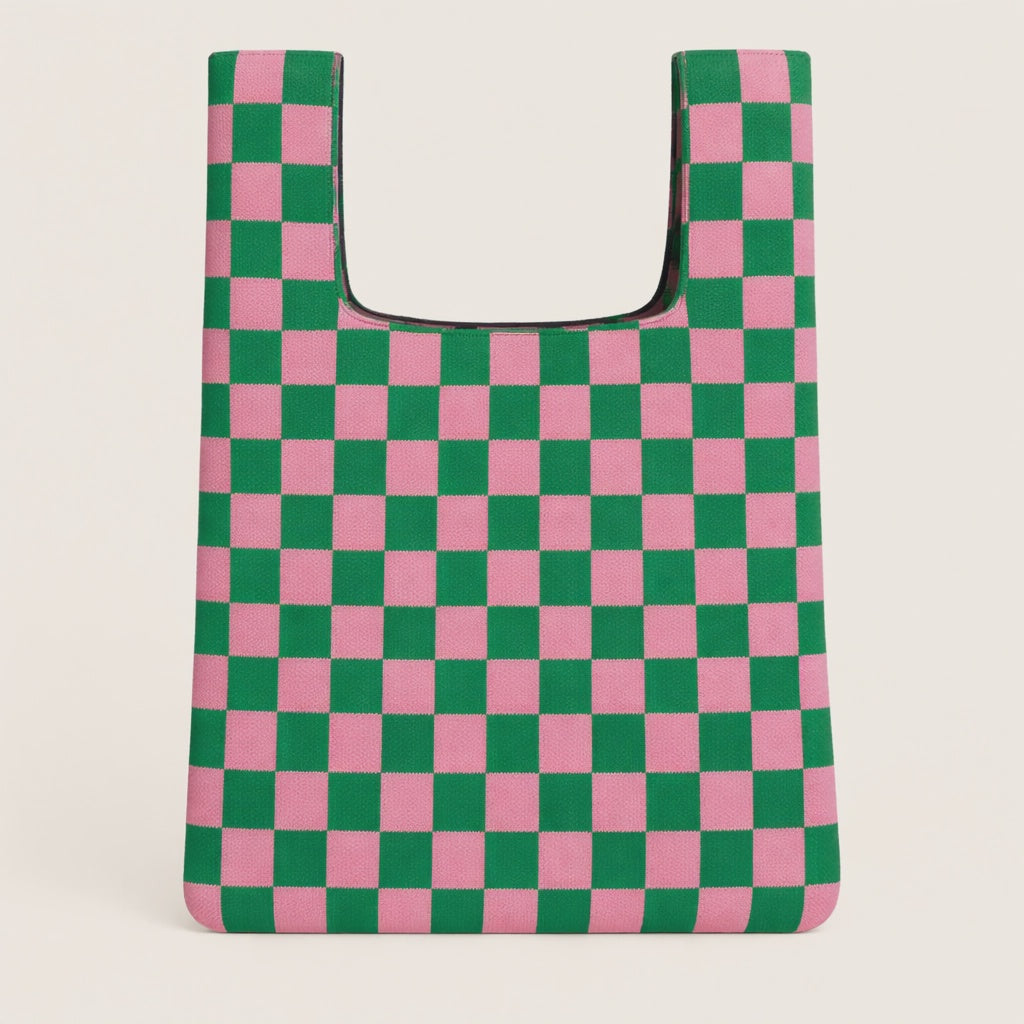 Green and Pink Checkerboard Knitted Tote Bag