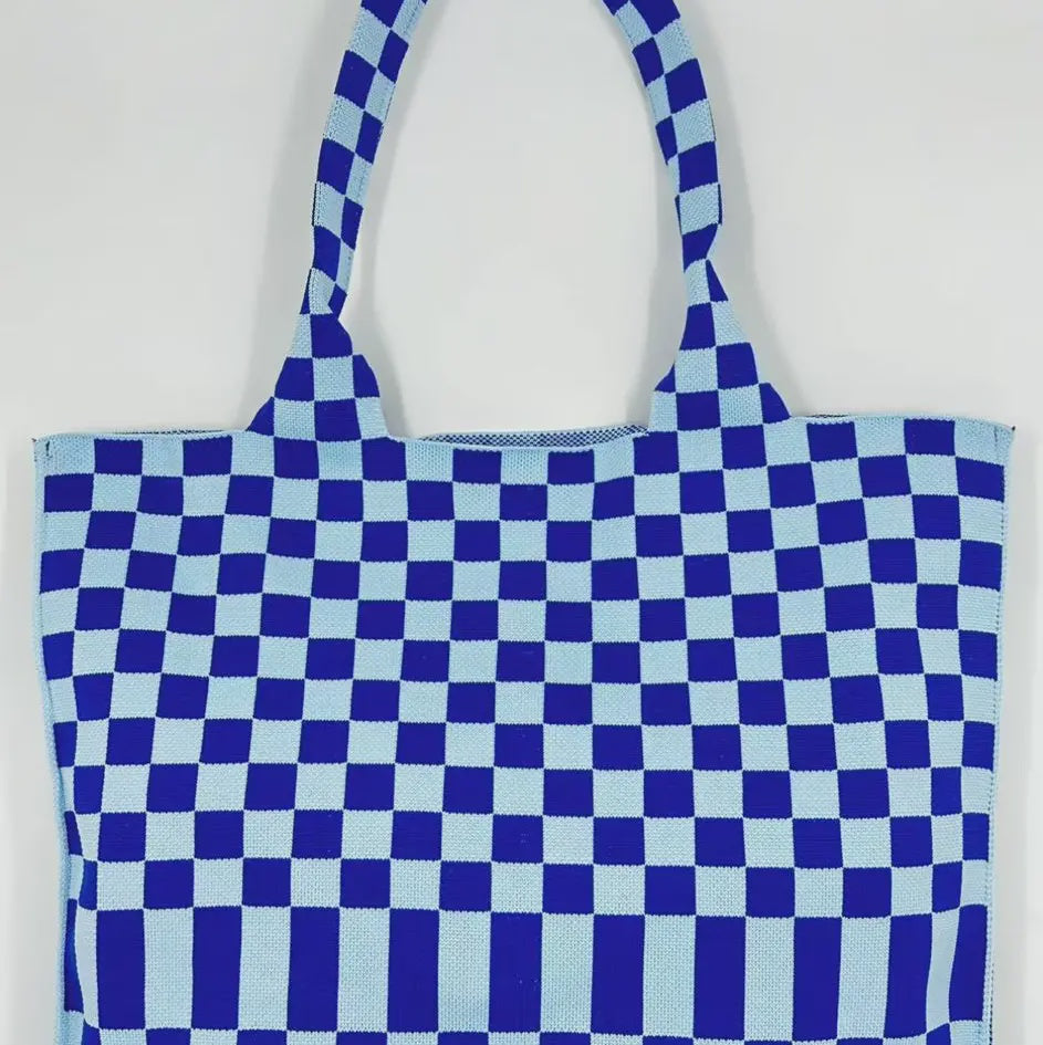 Blue Checkerboard Large Knit Tote Bag