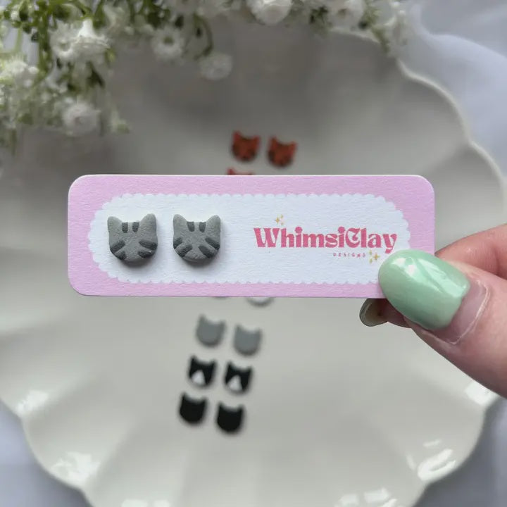 Grey Stripe Cat Stud Earrings