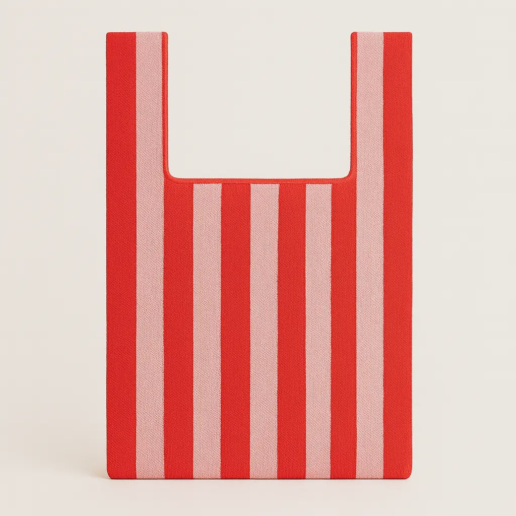 Red and Pink Candy Stripe Knitted Tote Bag