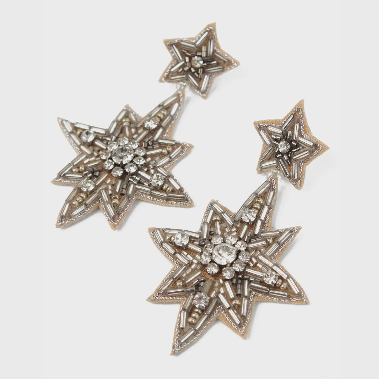 Hand Beaded Large Silver Double Star Drop Earrings