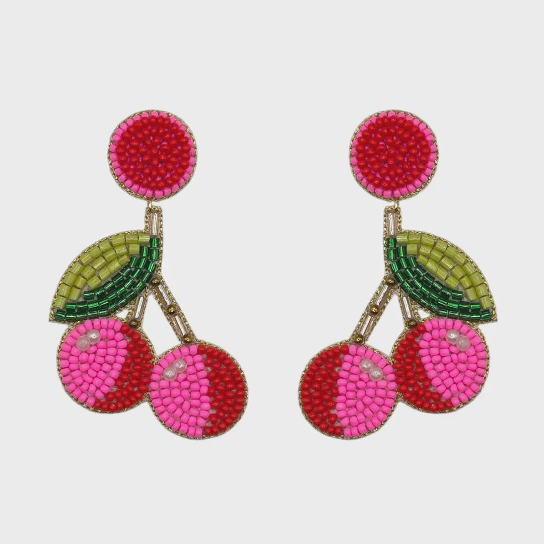 Hand Beaded Pink & Red Cherry Earrings