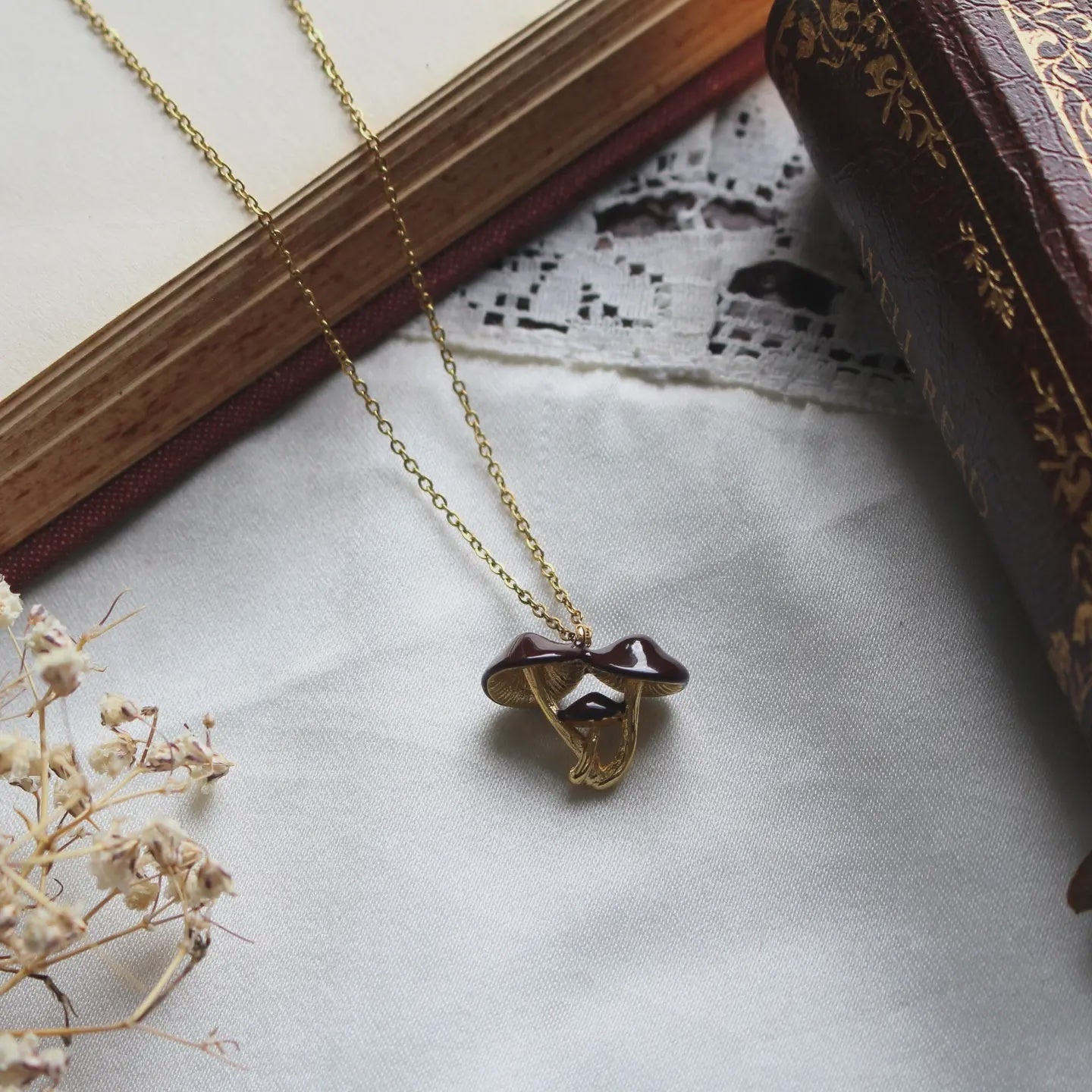 Secrets of the Forrest Floor Gold Mushroom Necklace