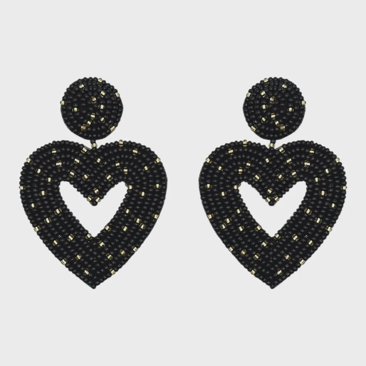 Hand Beaded Black & Gold Heart Earrings