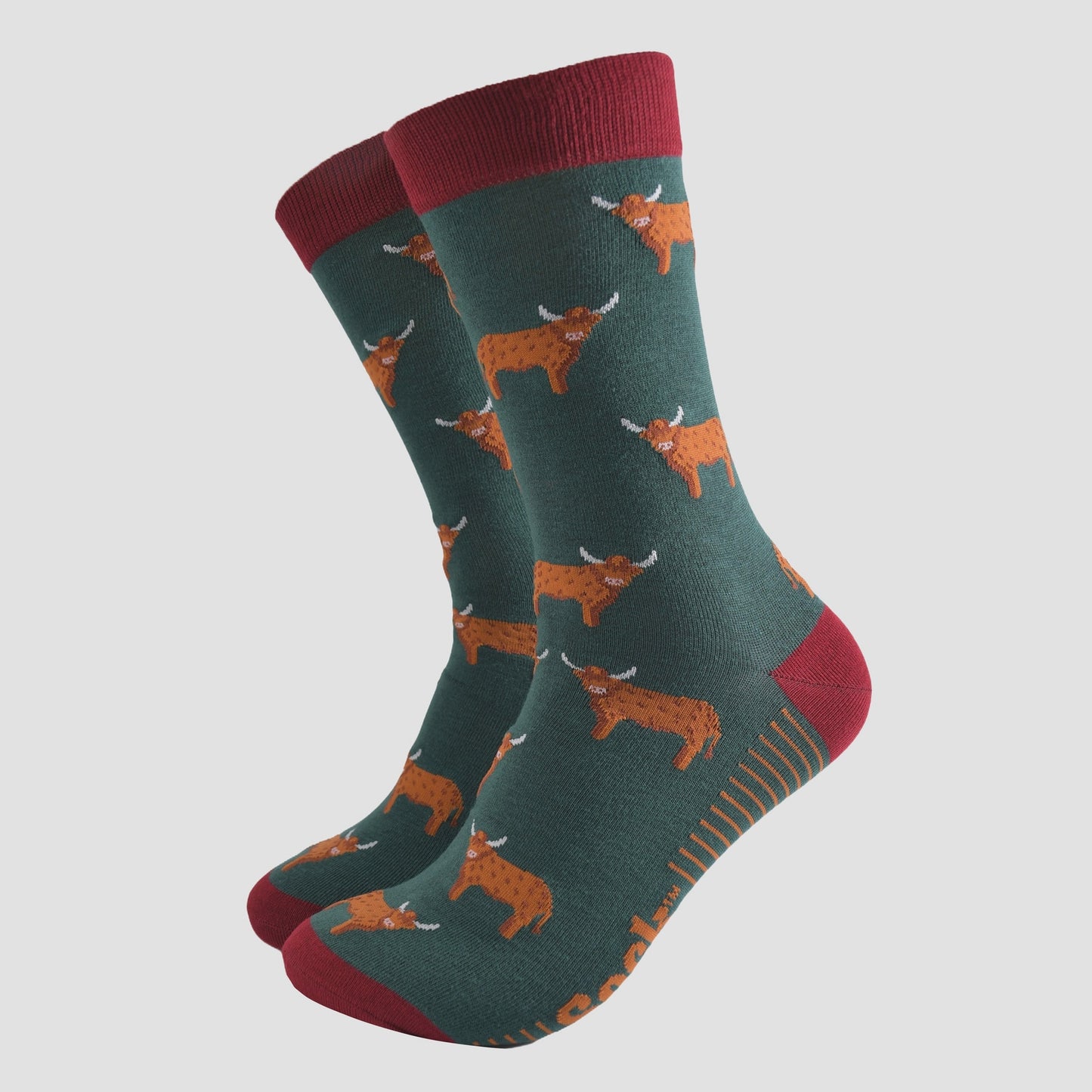 Mens Highland Cow Green and Red Socks