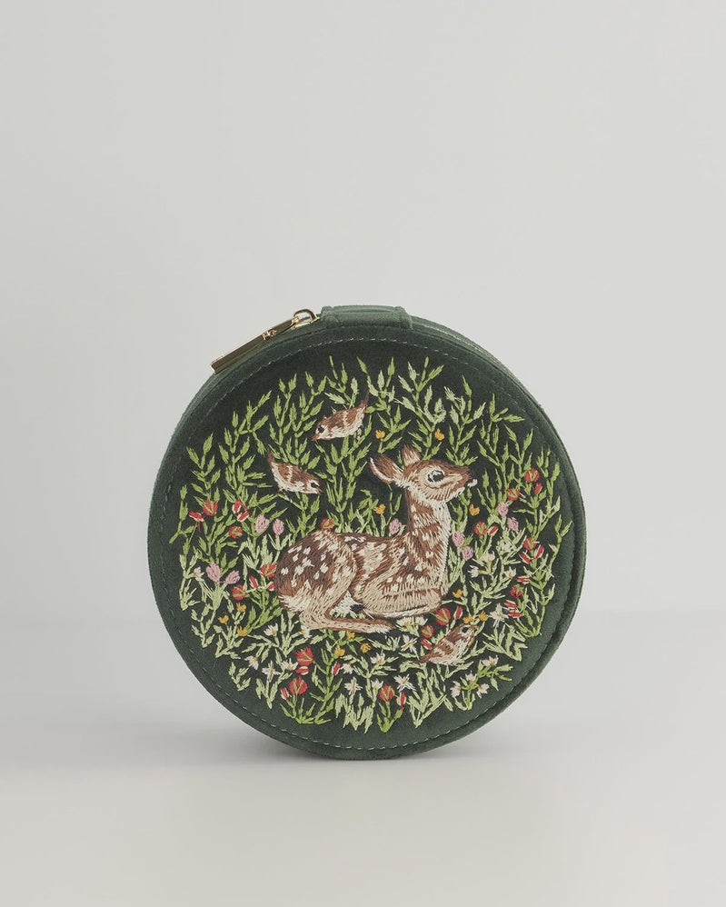 Fawn Embroidered Green Velvet Jewellery Box