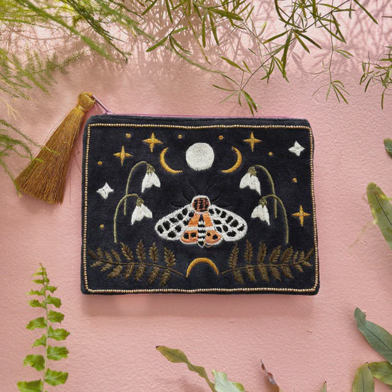 Embroidered Velvet Moth Pouch