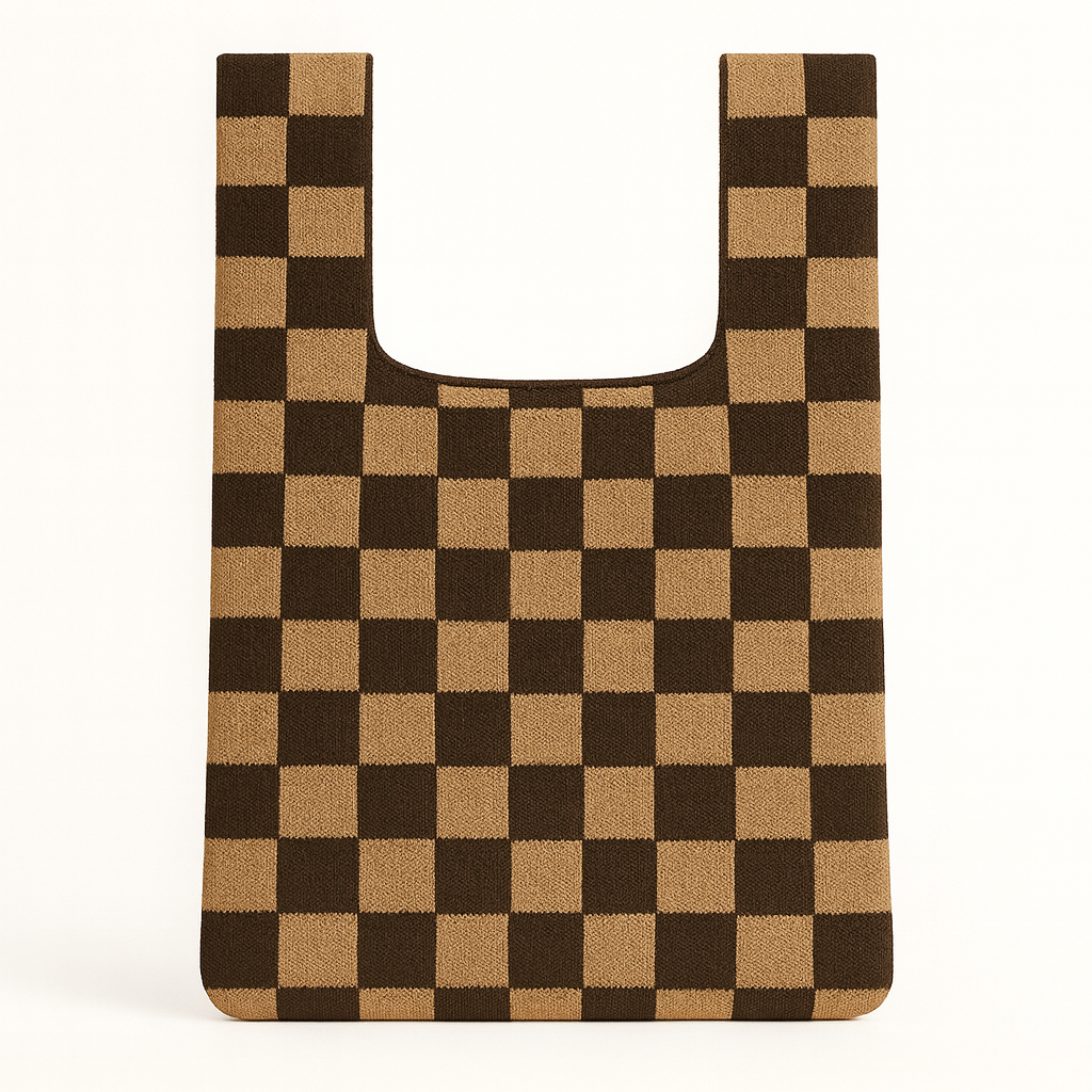 Black and Brown Checkerboard Knitted Tote Bag Medium