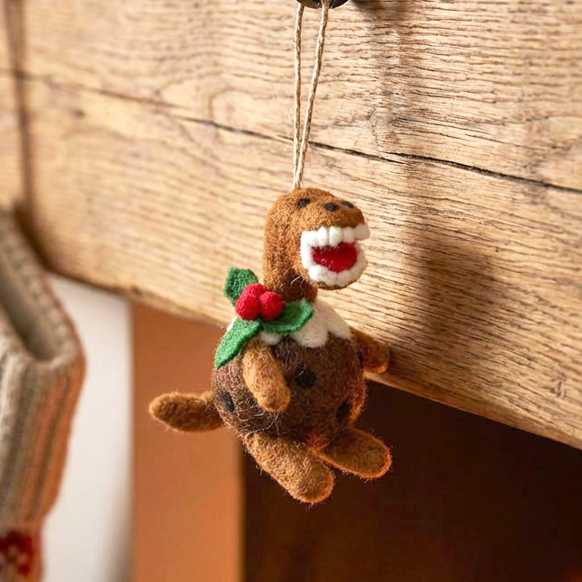 Handmade Felt Christmas Pudding T-Rex Hanging Dec