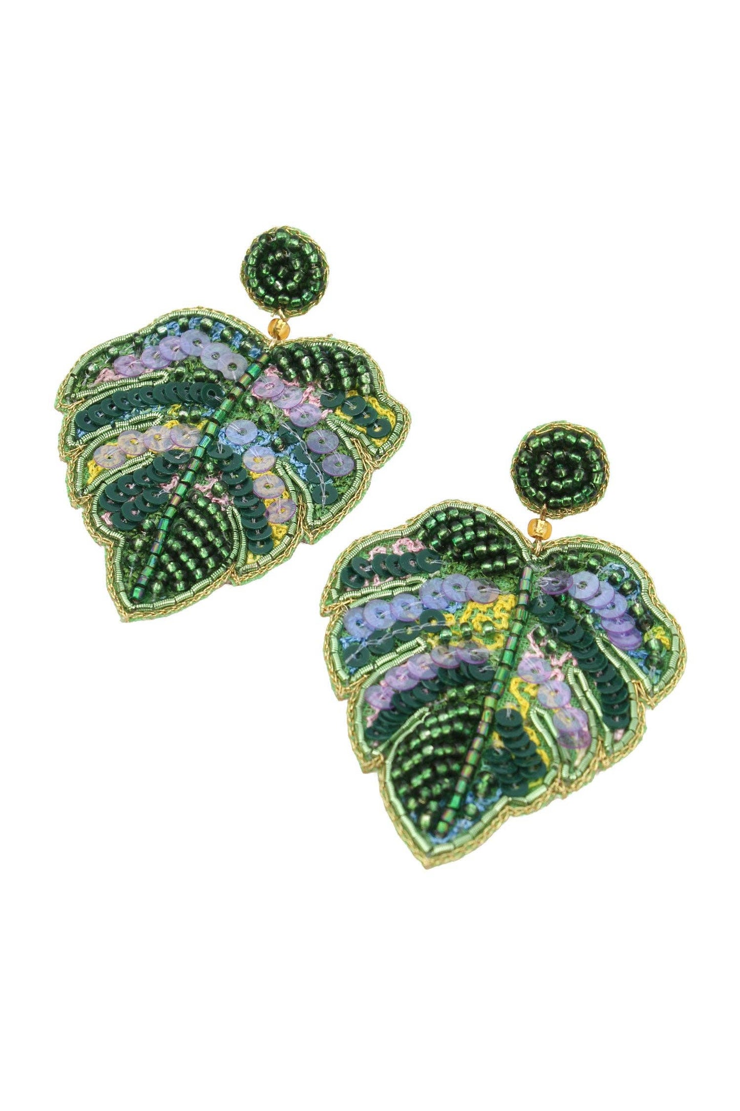 Hand Beaded Monstera Leaf Earrings