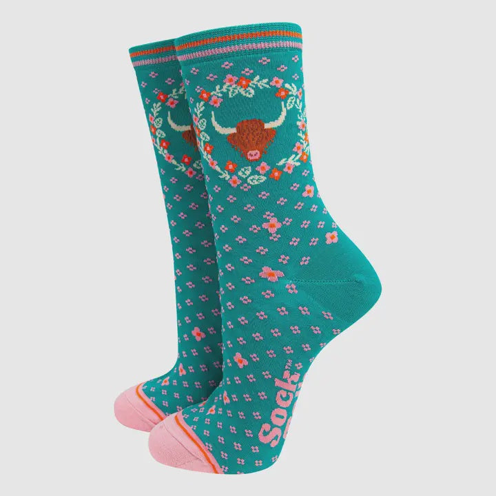 Teal Highland Cow Wreath Socks - Podarok