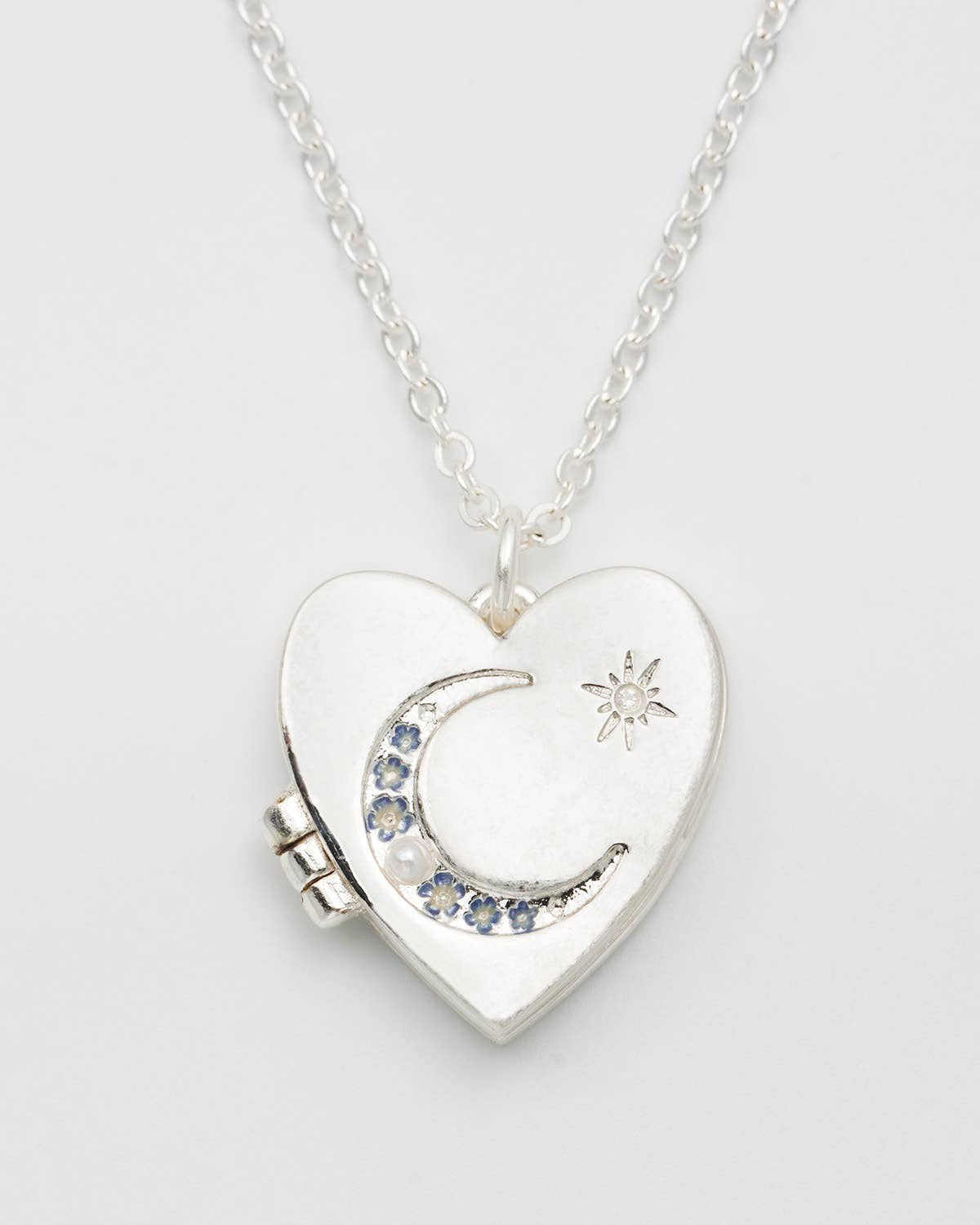 Selene Moon Periwinkle Locket Necklace in Silver