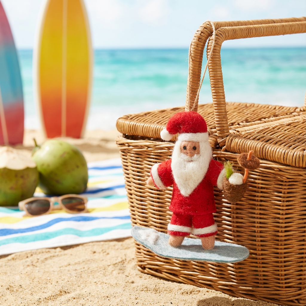 Handmade Felt Surfing Santa Christmas Hanging Decoration