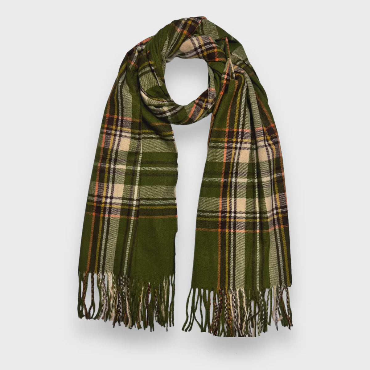Green Checkered Woven Scarf With Tassels