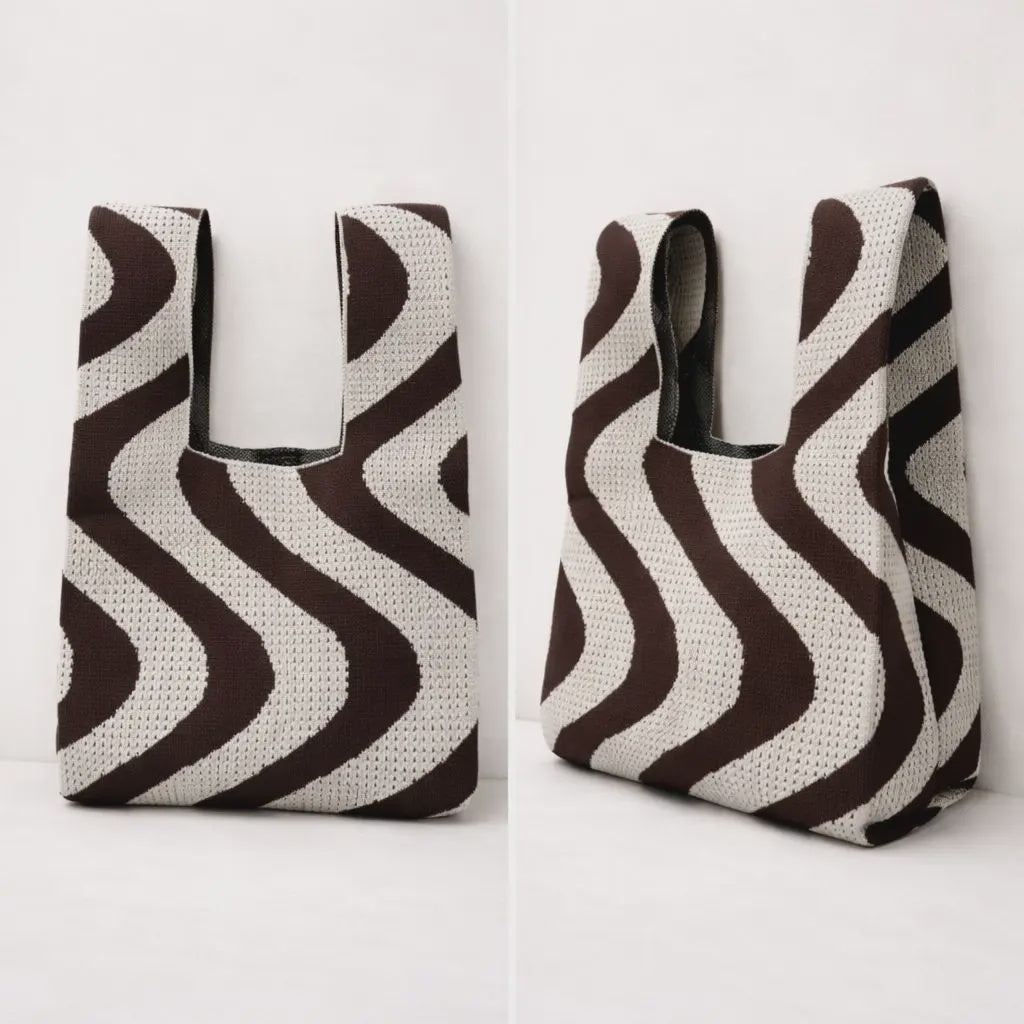 Sunset Swirl Cream and Brown Knitted Tote Bag