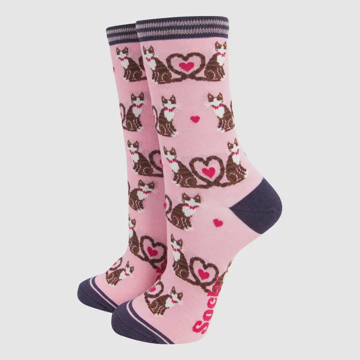 Pink Cat Love Heart Tails Socks