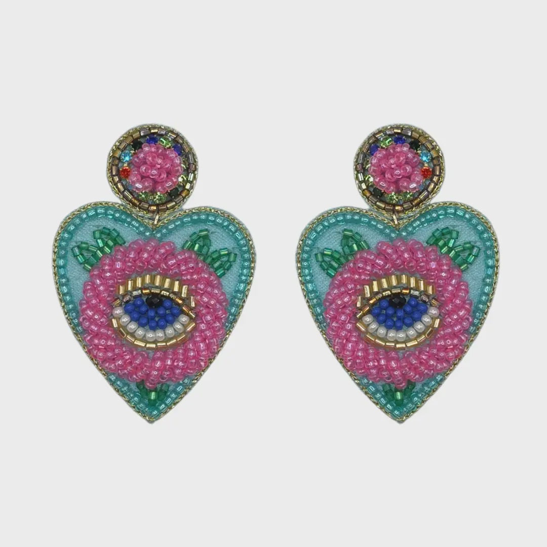 Hand Beaded Pink & Turquoise Eye Heart Earrings
