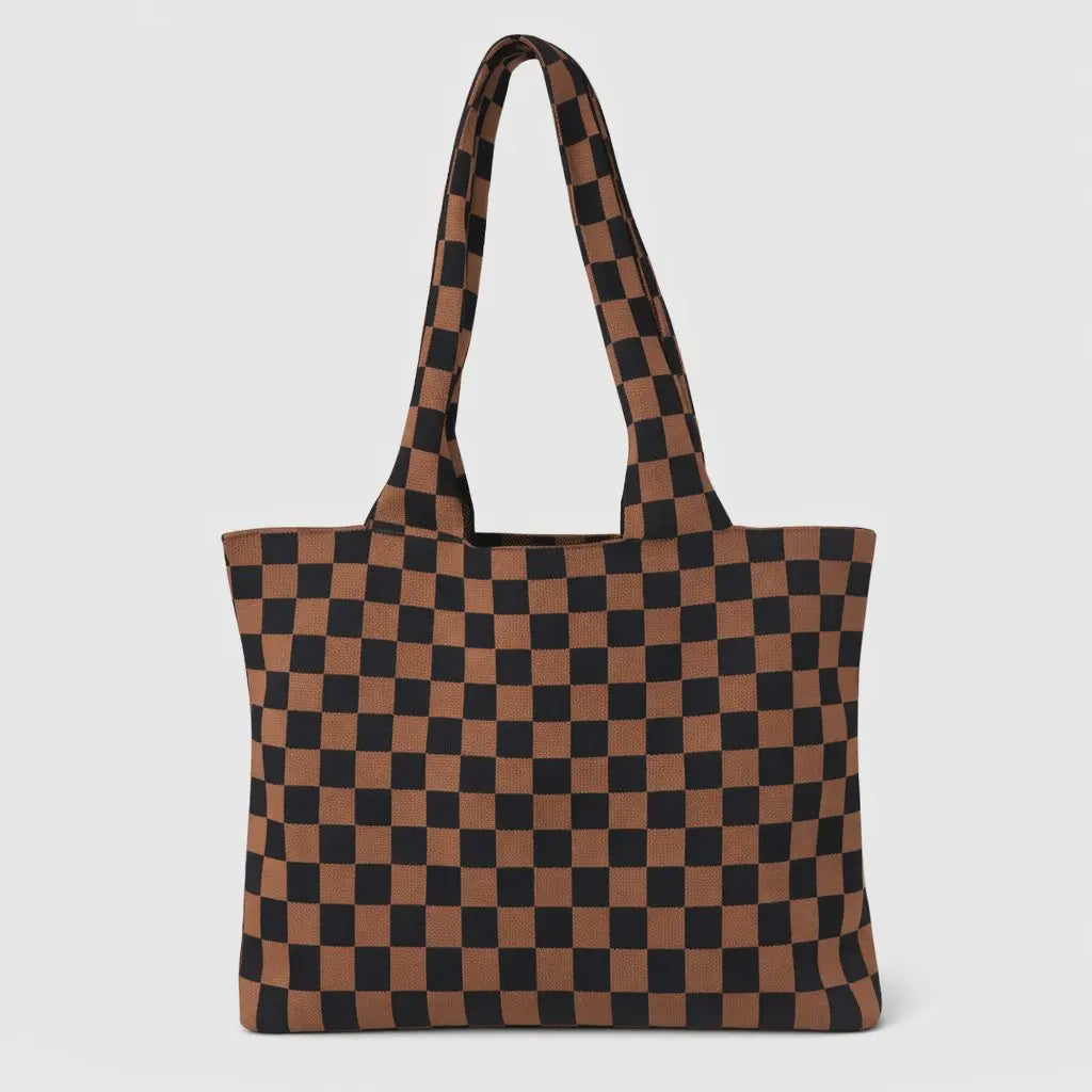 Brown and Black Checkerboard Large Knit Tote Bag