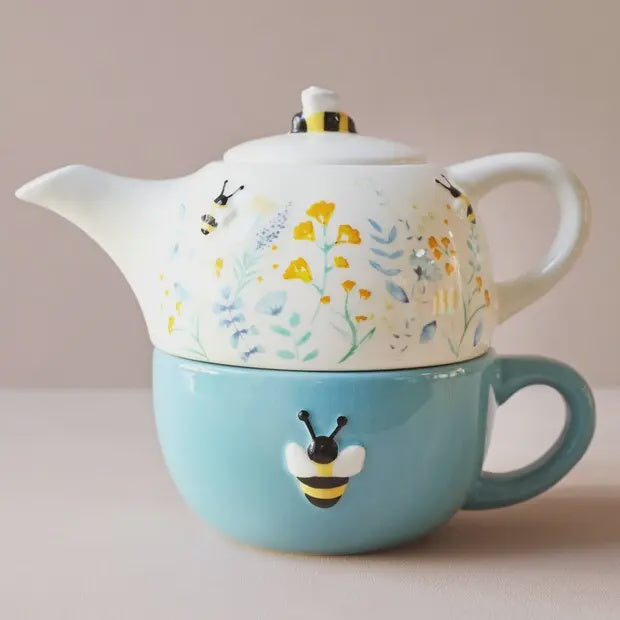 Floral Bee Ceramic Teapot and Mug Set