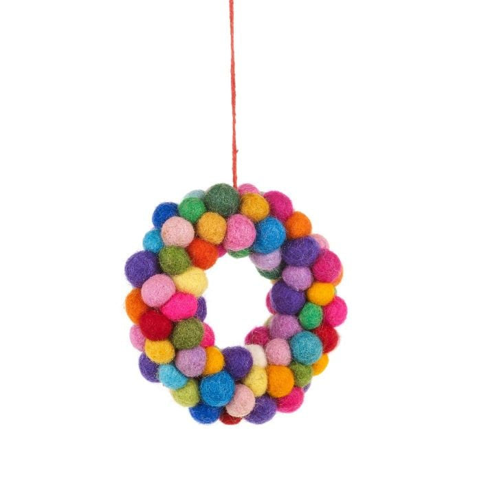 Hand Felted Mini Pom Pom Wreath Hanging Decoration