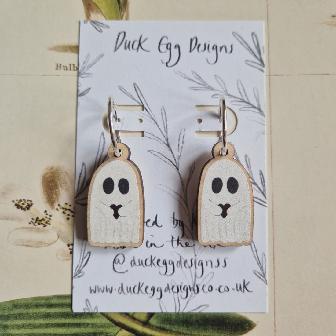 Duck Egg Designs Wooden Drop Earrings - Ghosts with Hearts - Podarok