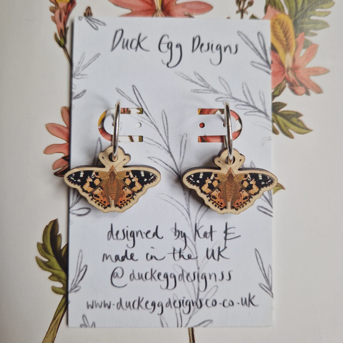Duck Egg Designs Wooden Drop Earrings - Painted Lady Butterflies - Podarok