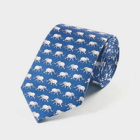 Fox and Chave Bryn Parry Elephants Blue Silk Tie - Podarok