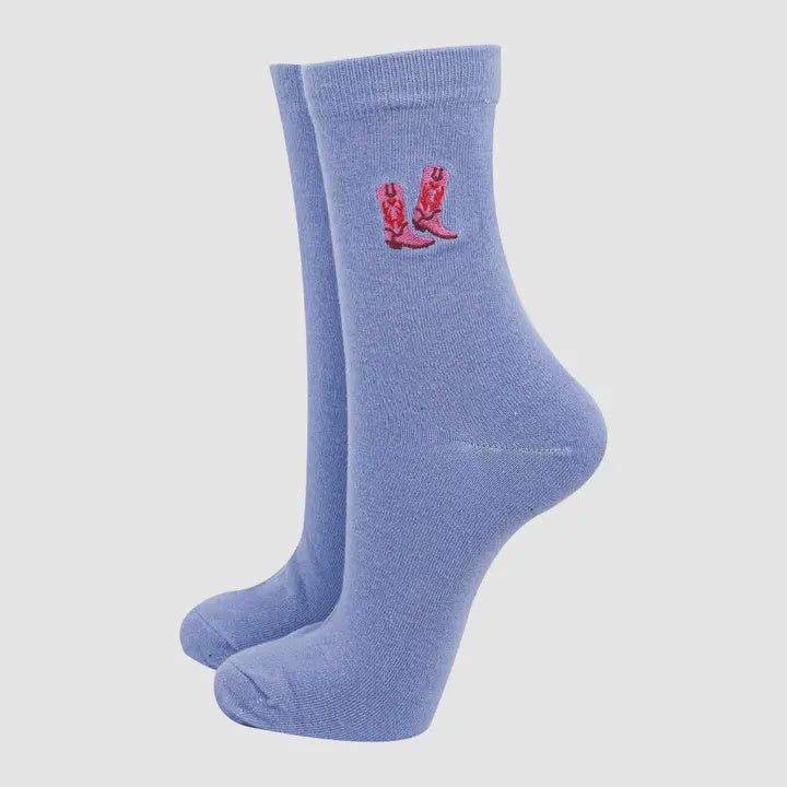 Light Blue Cowboy Boots Embroidered socks