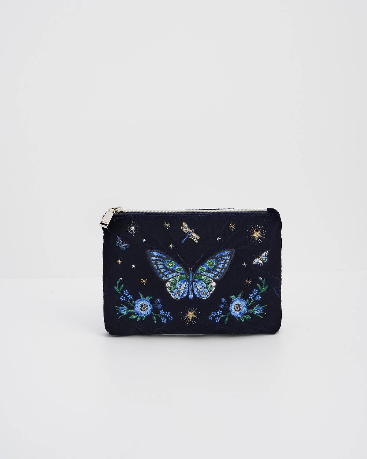 Butterfly Embroidered Navy Velvet Pouch