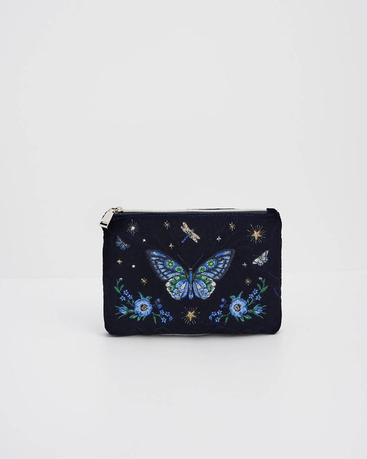 Butterfly Embroidered Navy Velvet Pouch