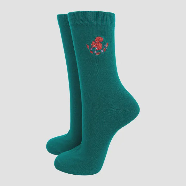 Forrest Green Squirrel Embroidered Socks