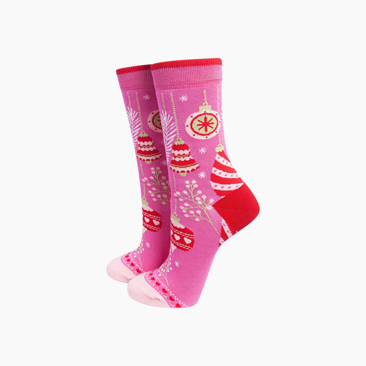Pink Retro Christmas Baubles Socks