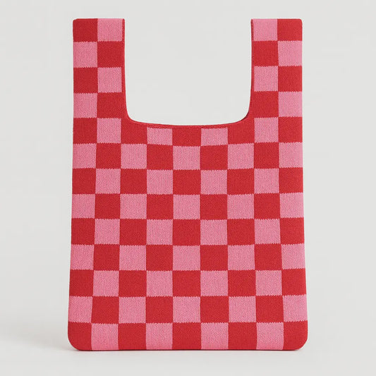 Red and Pink Checkerboard Knitted Tote Bag