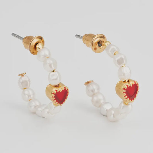 Heart Pearl Hoop Stud Earrings