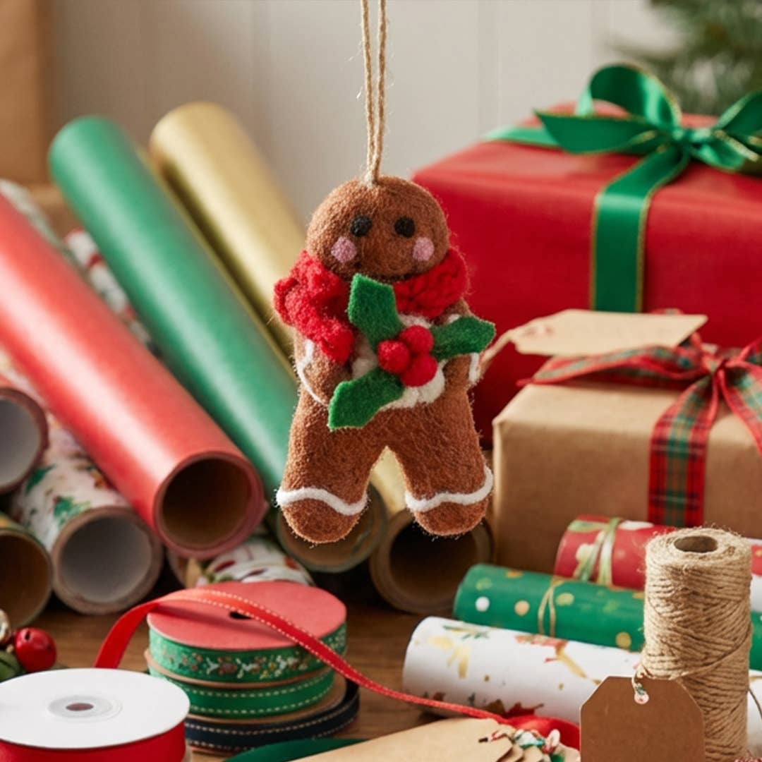 Handmade Felt Gingy Gingerbread Man Christmas Hanging Dec