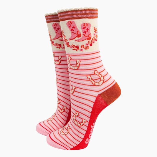 Pink Cowboy Boot Striped Socks