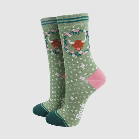 Highland Cow Green Floral Wreath Socks