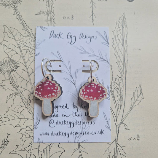 Duck Egg Designs Wooden Drop Earrings - Toadstools