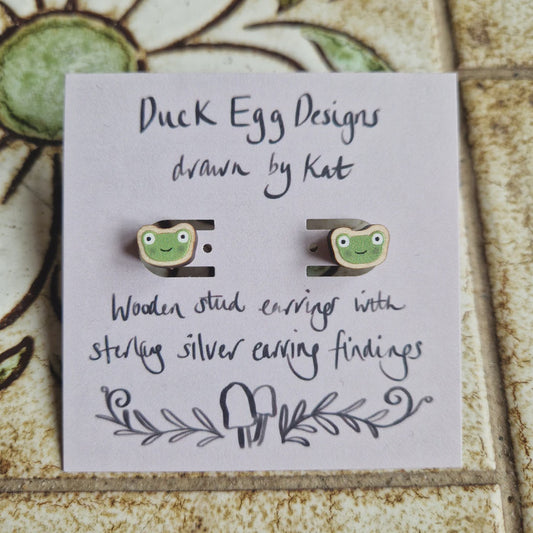 Duck Egg Designs Wooden Stud Earrings - Frogs