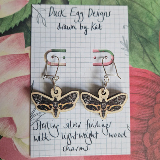 Duck Egg Designs Wooden Drop Earrings - Death Head Moth Earrings