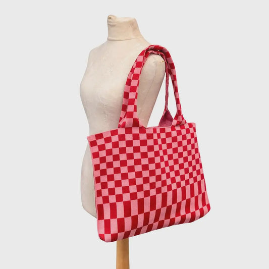 Pink and Red Checkerboard Large Knit Tote Bag