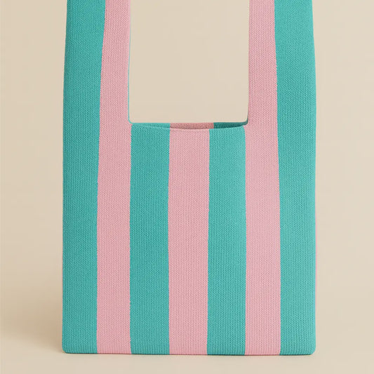 Classic Stripe Mint and Pink Knitted Tote Bag