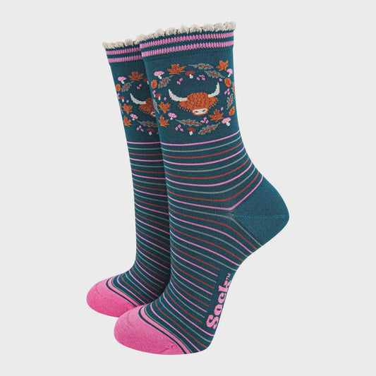 Teal Autumnal Highland Cow Wreath Socks