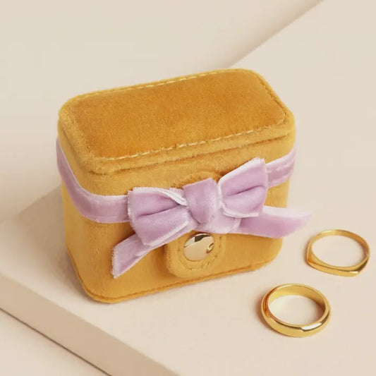Mustard and Pink Velvet Bow Travel Ring Box