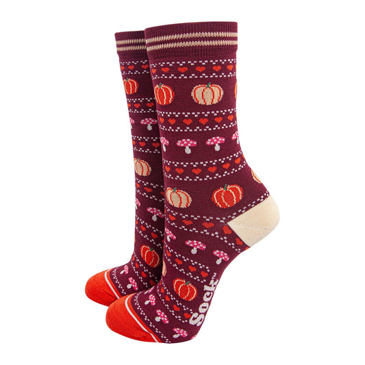 Burgundy Pumpkin and Toadstool Fair Isle Socks