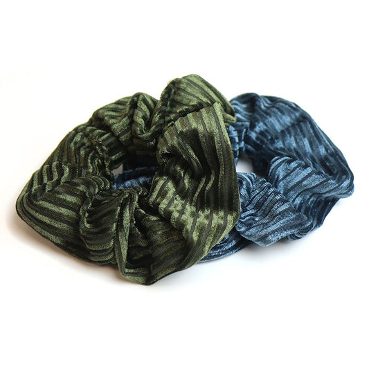 POM Pack of 2 Velvet Scrunchies - Olive Green and Antique Blue